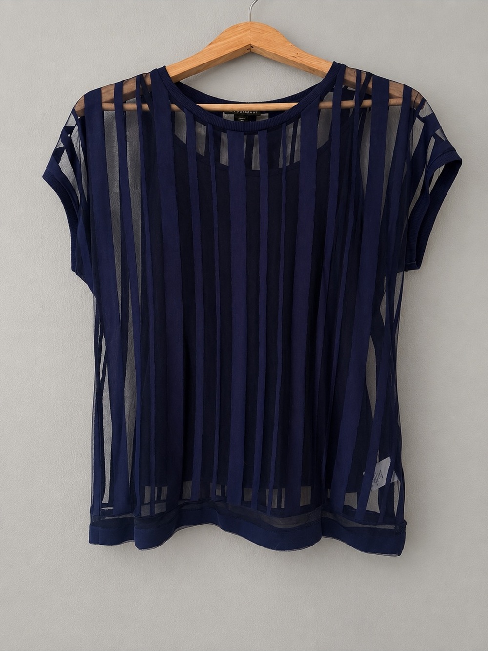 Metaphor Women’s M/M Navy Blue Sheer Striped Layered Blouse Top Stretch